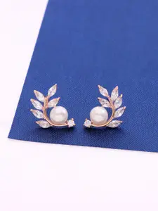 KAI JEWEL Rhodium-Plated 92.5 Sterling Silver Leaf Shaped Studs Earrings
