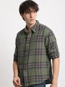 THE BEAR HOUSE Tartan Checked Spread Collar Long Sleeves Cotton Casual Shirt