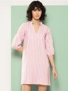 Chemistry Striped V-Neck Puff Sleeve A-Line Dress