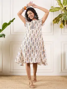 InWeave Floral Printed Round Neck Short Sleeves A-Line Midi Dress