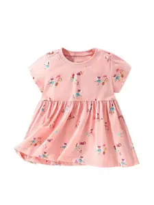 StyleCast Peach Round Neck Floral Printed Cotton Fit and Flare Dress