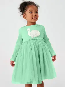 StyleCast Green Round Neck Long Sleeves Cotton Fit and Flare Dress