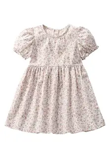 StyleCast Pink Round Neck Floral Printed Puff Sleeves Cotton A-Line Dress