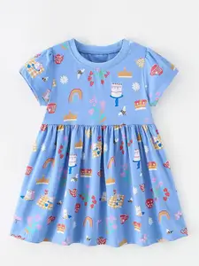 StyleCast Blue Round Neck Printed Cotton Fit and Flare Maxi Dress