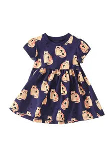 StyleCast Navy Blue Round Neck Printed Cape Sleeve Cotton Fit & Flare Maxi Dress