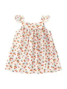 StyleCast White & Orange Printed Flutter Sleeves Cotton Fit & Flare Maxi Dress