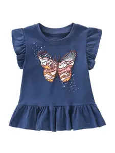 StyleCast Navy Blue Round Neck Printed Flutter Sleeves Cotton A Line Mini Dress