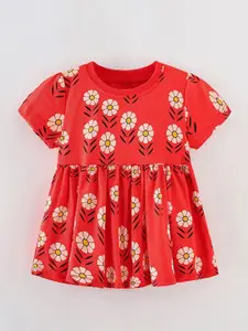 StyleCast Red Round Neck Floral Printed Cotton Fit and Flare Mini Dress