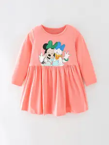 StyleCast Pink Round Neck Printed Cotton Fit & Flare Dress