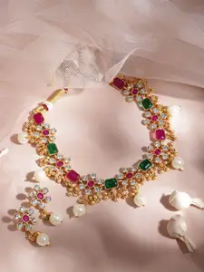 Rubans Gold-Plated Artificial Stones Stone-Studded Necklace & Earrings