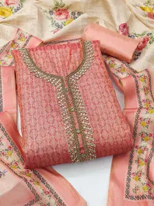 Peachmode Ethnic Motifs Embroidered Beads and Stones Art Silk Unstitched Dress Material