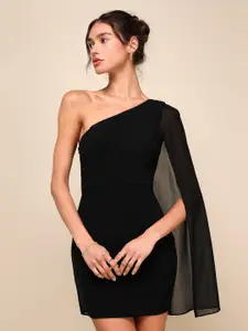 BAESD One Shoulder Straight Cape Sleeves Bodycon Mini Dress