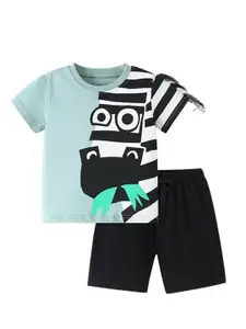 StyleCast Boys Grey & Black Round Neck Short Sleeves Printed T-shirt with Shorts