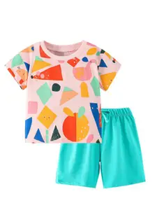 StyleCast Girls Pink & Red Round Neck Printed Top with Shorts
