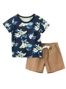 StyleCast Boys Navy Blue & Beige Round Neck Short Sleeves Printed T-shirt with Shorts