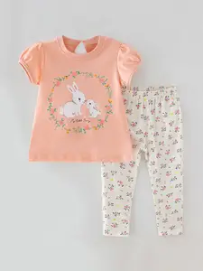 StyleCast Girls Peach & Off White Printed Top with Leggings