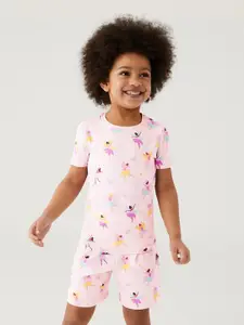 StyleCast Girls Pink Round Neck Short Sleeves Printed Top with Shorts