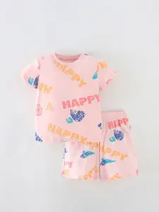 StyleCast Girls Pink & Yellow Round Neck Short Sleeves Printed Top with Shorts