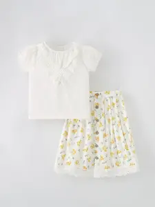 StyleCast Girls White & Yellow Round Neck Top with Skirt