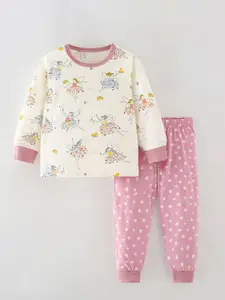 StyleCast Girls White & Pink Printed T-shirt with Trousers