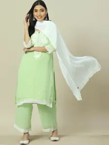 Rangriti Plus Size Floral Yoke Design Notch Neck Gotta Patti Straight Kurta