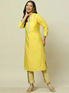 Rangriti Floral Printed Band Collar Gotta Patti Straight Kurta