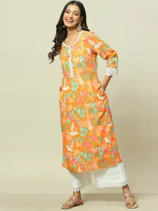 Rangriti Floral Printed Thread Work Straight Kurta