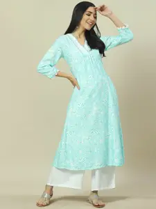 Rangriti Floral Printed V-Neck Gotta Patti A-Line Kurta