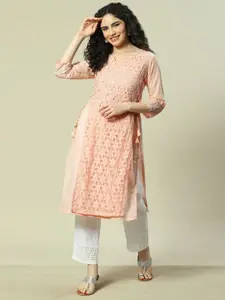 Rangriti Floral Embroidered Notch Neck Sequined Cotton Layered A-Line Kurta