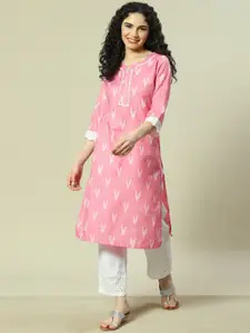 Rangriti Abstract Printed Mandarin Collar Thread Work Straight Kurta