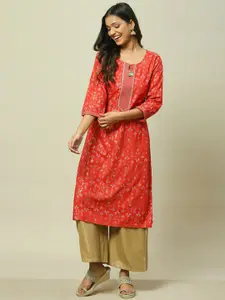 Rangriti Floral Printed Round Neck Straight Kurta