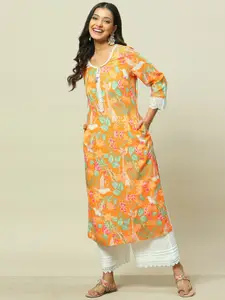 Rangriti Plus Size Floral Printed Round Neck Straight Kurta