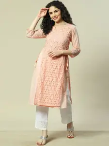 Rangriti Geometric Embroidered Notched Neck Straight Cotton Kurta