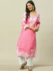 Rangriti Floral Printed Scoop Neck Thread Work Straight Kurta