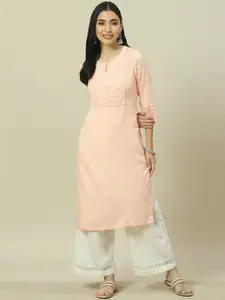 Rangriti Floral Yoke Design Keyhole Neck Straight Kurta