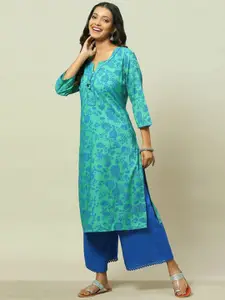 Rangriti Floral Printed Notched Neck Gotta Patti Straight Kurta