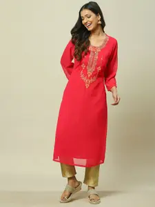 Rangriti Floral Yoke Design Thread Work Straight Kurta