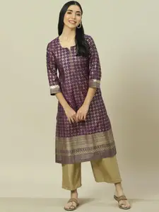Rangriti Geometric Printed Notched Neck Straight Kurta