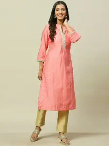 Rangriti Plus Size Floral Printed Mandarin Collar Straight Kurta