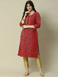 Rangriti Plus Size Floral Printed Notch Neck Straight Kurta
