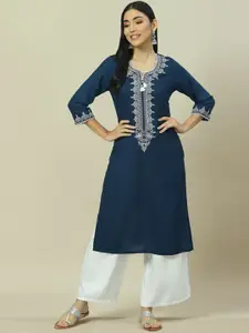 Rangriti Floral Yoke Design Notch Neck Thread Work Straight Kurta