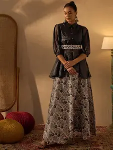 Anouk Floral Printed Peplum Shirt With Skirt & Belt