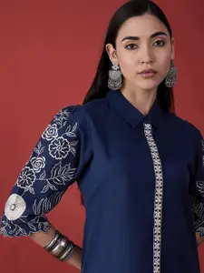 Anouk Blue Floral Embroidered Shirt Mini Dress