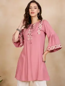 Anouk Pink Geometric Yoke Design Tie-Up Neck Thread Work A-Line Kurta