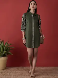 Anouk Olive Green Floral Embroidered Puff Sleeves Shirt Dress