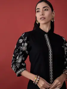 Anouk Black Floral Embroidered Shirt Mini Dress