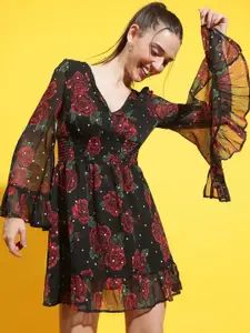 Oxolloxo Floral Printed Bell Sleeve Fit & Flare Dress