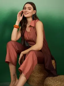 Sangria Ombre Printed Scoop Neck Sleeveless Top With Trousers & Jacket