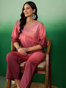Sangria Ombre Printed V-Neck Top & Palazo Co-Ords