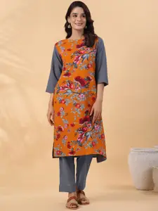 KALINI Floral Printed Round Neck Crepe Straight Kurta